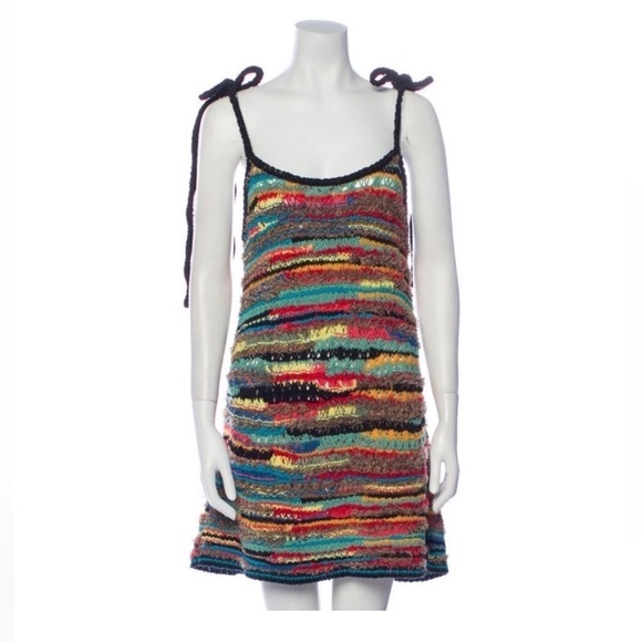 ALANUI Over The Rainbow Crochet Mini Dress Brown Yellow multicolor Large - Picture 7 of 12
